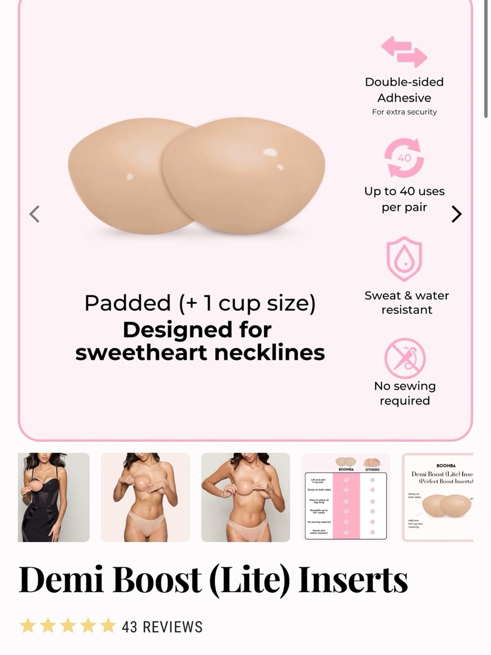 Boomba Demi Boost (Lite) Inserts - Nude Padded Adhesive Bra Inserts **NEVER WORN